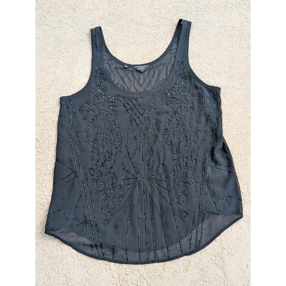 GUESS Black‎ Beaded Sheer Tank Top Shirt Women's Size Medium